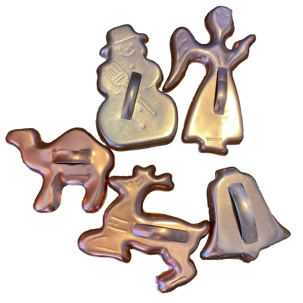5 Copper Color Cookie Cutters W/ Handle Christmas Camel Angel Deer Snowman Lot